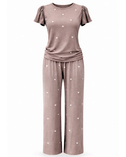 Heartfull PJ – Silky Printed Pajama Set 2PC In Mochacinno Hearts - Shopthatapp.ca
