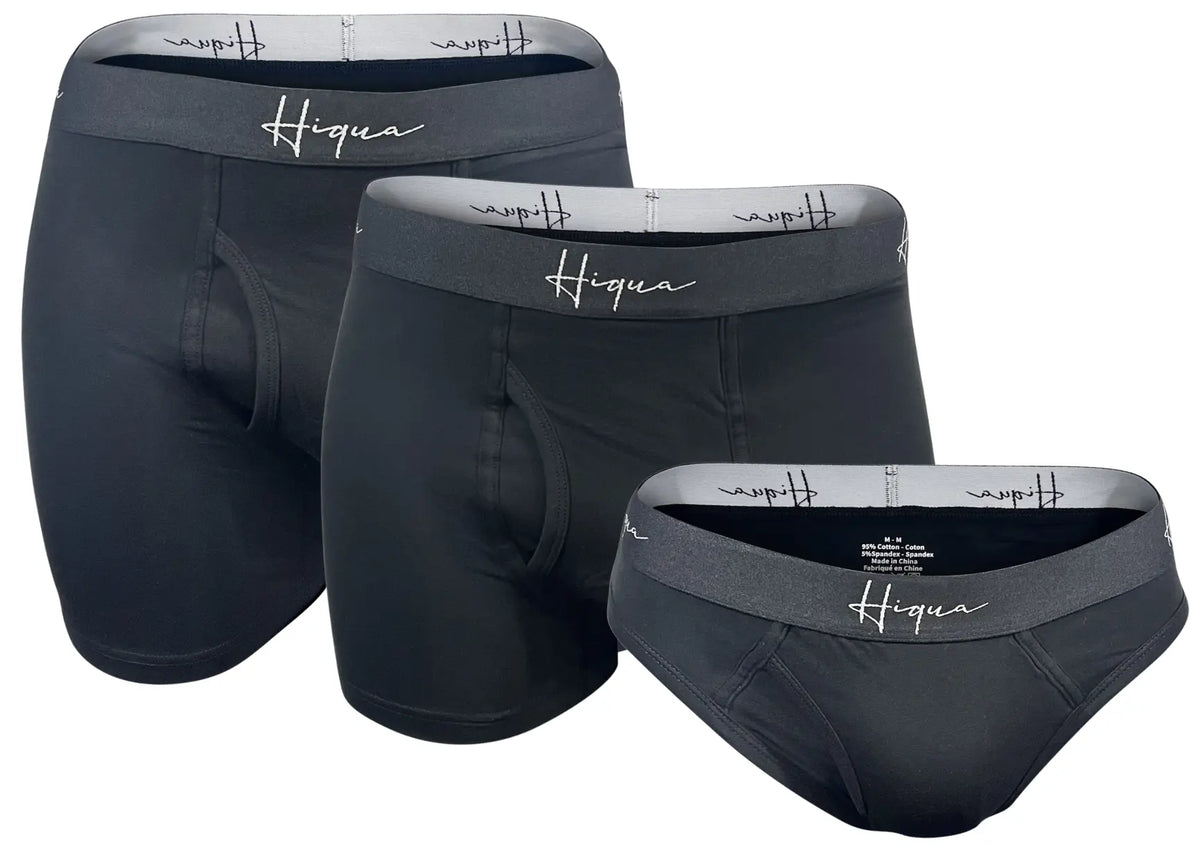 Three-pack men's underwear set by Hiqua Apparel, including briefs, boxer trunks, and classic briefs in various colors.
