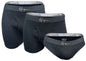 Three-pack men's underwear set by Hiqua Apparel, including briefs, boxer trunks, and classic briefs in various colors.
