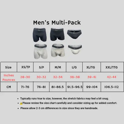 Three-pack men's underwear set by Hiqua Apparel featuring briefs, boxers, and trunks in different styles.