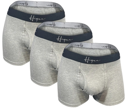 Three pairs of Hiqua Apparel men's boxer trunks in a 3-inch inseam, featuring vibrant multicolor designs.