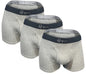 Three pairs of Hiqua Apparel men's boxer trunks in a 3-inch inseam, featuring vibrant multicolor designs.