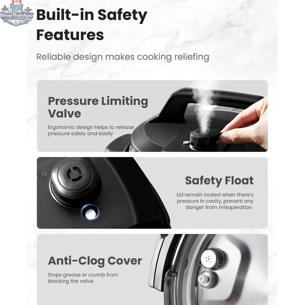 Home Essentials Outlet COMFEE 8 Qt electric pressure cooker with digital display and stainless steel exterior.