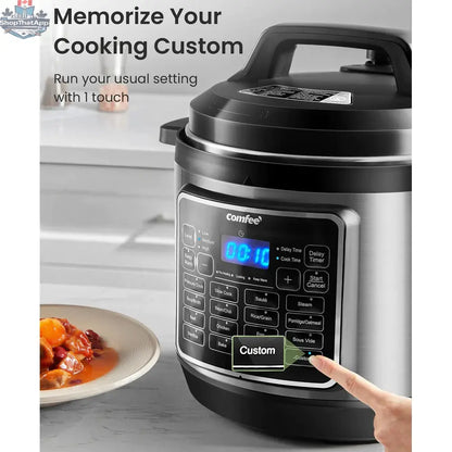 Home Essentials Outlet COMFEE 8 Qt electric pressure cooker with digital display and stainless steel exterior.