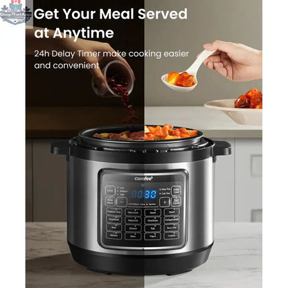 Home Essentials Outlet COMFEE 8 Qt electric pressure cooker with digital control panel and stainless steel exterior.