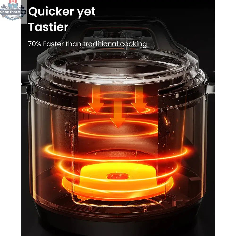 Home Essentials Outlet COMFEE 8 Qt electric pressure cooker with digital display and stainless steel lid, shown in blemished packaging.