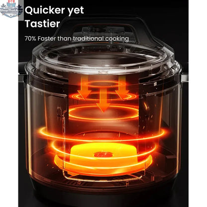 Home Essentials Outlet COMFEE 8 Qt electric pressure cooker with digital display and stainless steel lid, shown in blemished packaging.
