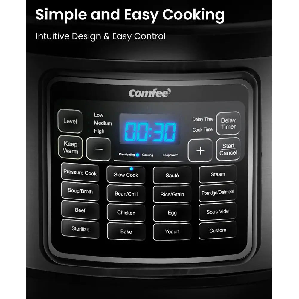 Home Essentials Outlet COMFEE 8 Qt electric pressure cooker with digital control panel and stainless steel exterior.