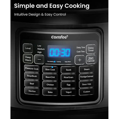 Home Essentials Outlet COMFEE 8 Qt electric pressure cooker with digital control panel and stainless steel exterior.
