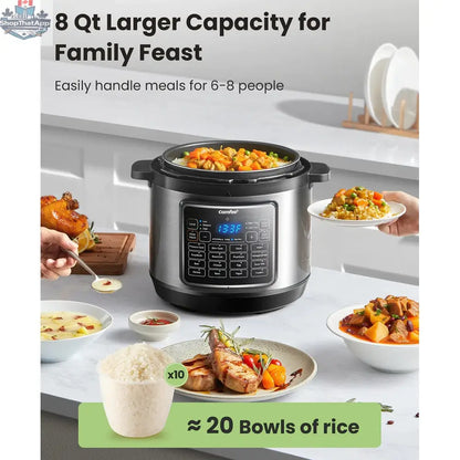 Home Essentials Outlet COMFEE 8 Qt electric pressure cooker with digital control panel and stainless steel body.