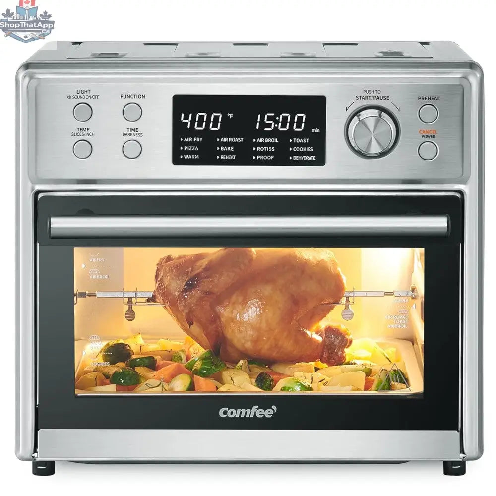 Home Essentials Outlet COMFEE 12-in-1 Air Fryer Oven CO-F25A1 with rotisserie, black countertop appliance, blemished package