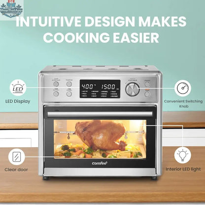 Home Essentials Outlet COMFEE Air Fryer Oven CO-F25A1 with 12-in-1 functions and rotisserie, shown on a countertop.