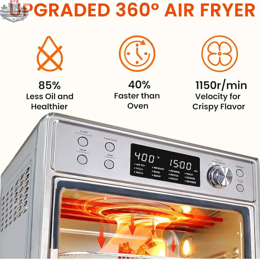 Home Essentials Outlet COMFEE 12-in-1 Air Fryer Oven CO-F25A1 with rotisserie, showing its sleek black exterior and digital control panel.