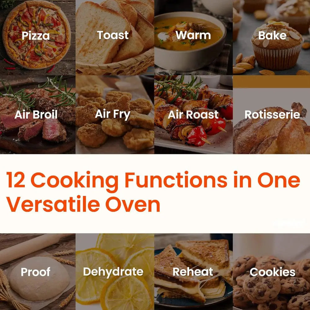 Home Essentials Outlet COMFEE 12-in-1 Air Fryer Oven CO-F25A1 with rotisserie, featuring a sleek black exterior and digital controls.