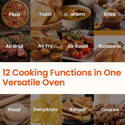 Home Essentials Outlet COMFEE 12-in-1 Air Fryer Oven CO-F25A1 with rotisserie, featuring a sleek black exterior and digital controls.