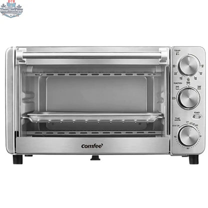 Home Essentials Outlet COMFEE stainless steel countertop toaster oven with digital controls and spacious interior for baking and toasting.