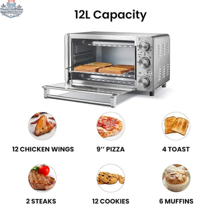 Stainless steel COMFEE countertop toaster oven for baking and cooking, with digital controls and compact design.