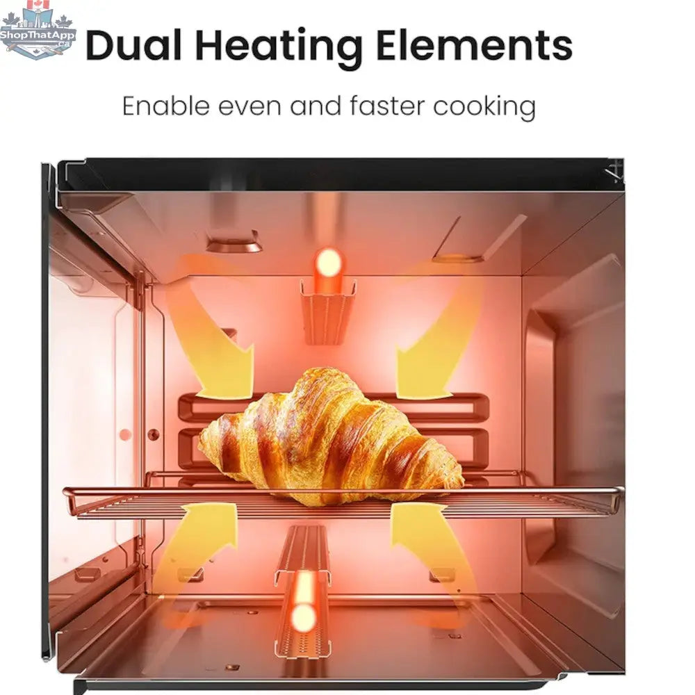 Stainless steel COMFEE countertop toaster oven with digital controls, compact design, ideal for baking and quick cooking.