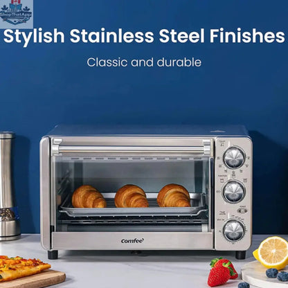 Stainless steel COMFEE countertop toaster oven for baking and cooking, with digital controls and compact design.