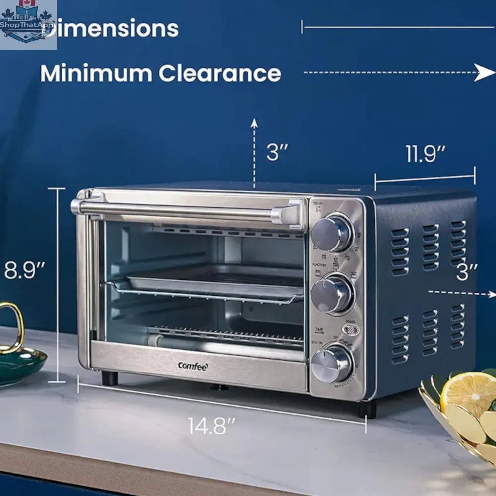 Stainless steel COMFEE countertop toaster oven for efficient cooking and baking, compact design with digital controls.