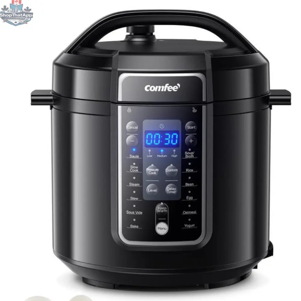 Comfee 6-quart multi-pressure cooker from Home Essentials Outlet showing digital control panel and stainless steel lid.
