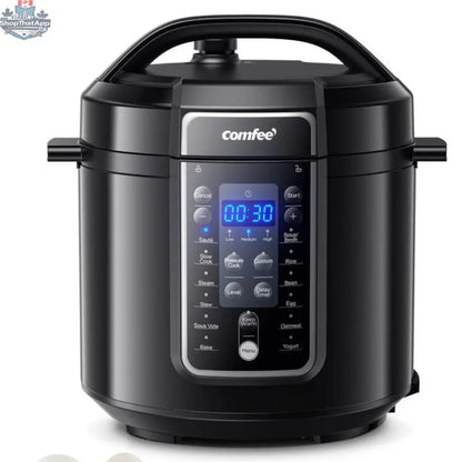 Comfee 6-quart multi-pressure cooker from Home Essentials Outlet showing digital control panel and stainless steel lid.