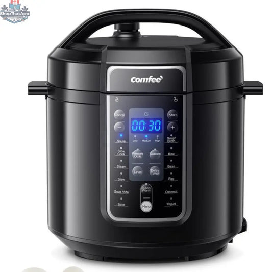 Comfee 6-quart multi-pressure cooker from Home Essentials Outlet showing digital control panel and stainless steel lid.