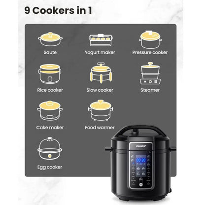 Comfee 6-quart multi-pressure cooker from Home Essentials Outlet, showing digital control panel and stainless steel exterior.
