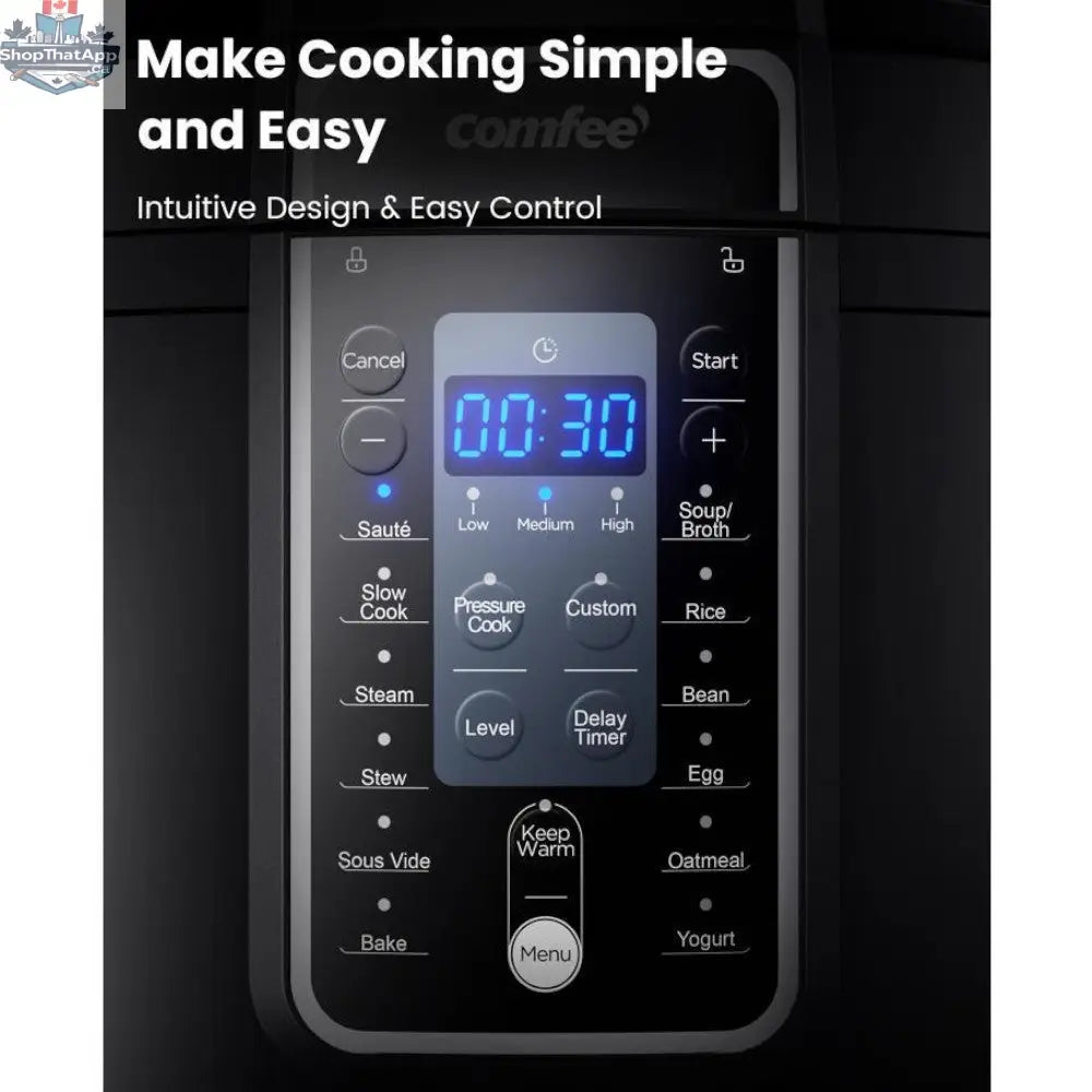Home Essentials Outlet Comfee 6-quart multi-pressure cooker with digital control and stainless steel lid, features multiple cooking functions.