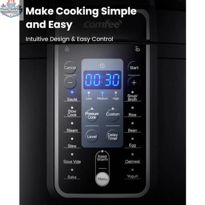 Home Essentials Outlet Comfee 6-quart multi-pressure cooker with digital control and stainless steel lid, features multiple cooking functions.