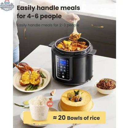 Comfee 6-quart multi-pressure cooker from Home Essentials Outlet, showing the appliance's digital control panel and stainless steel body.