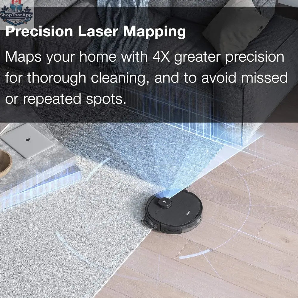 ECOVACS DEEBOT OZMO T8 robot vacuum and mop on hardwood floor, showcasing its sleek design and cleaning capabilities.