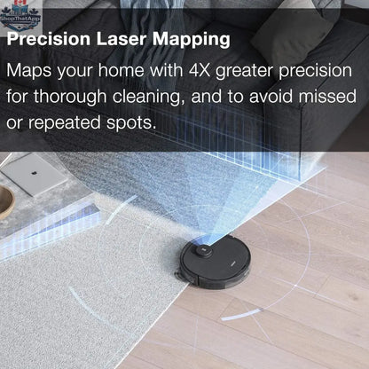 ECOVACS DEEBOT OZMO T8 robot vacuum and mop on hardwood floor, showcasing its sleek design and cleaning capabilities.