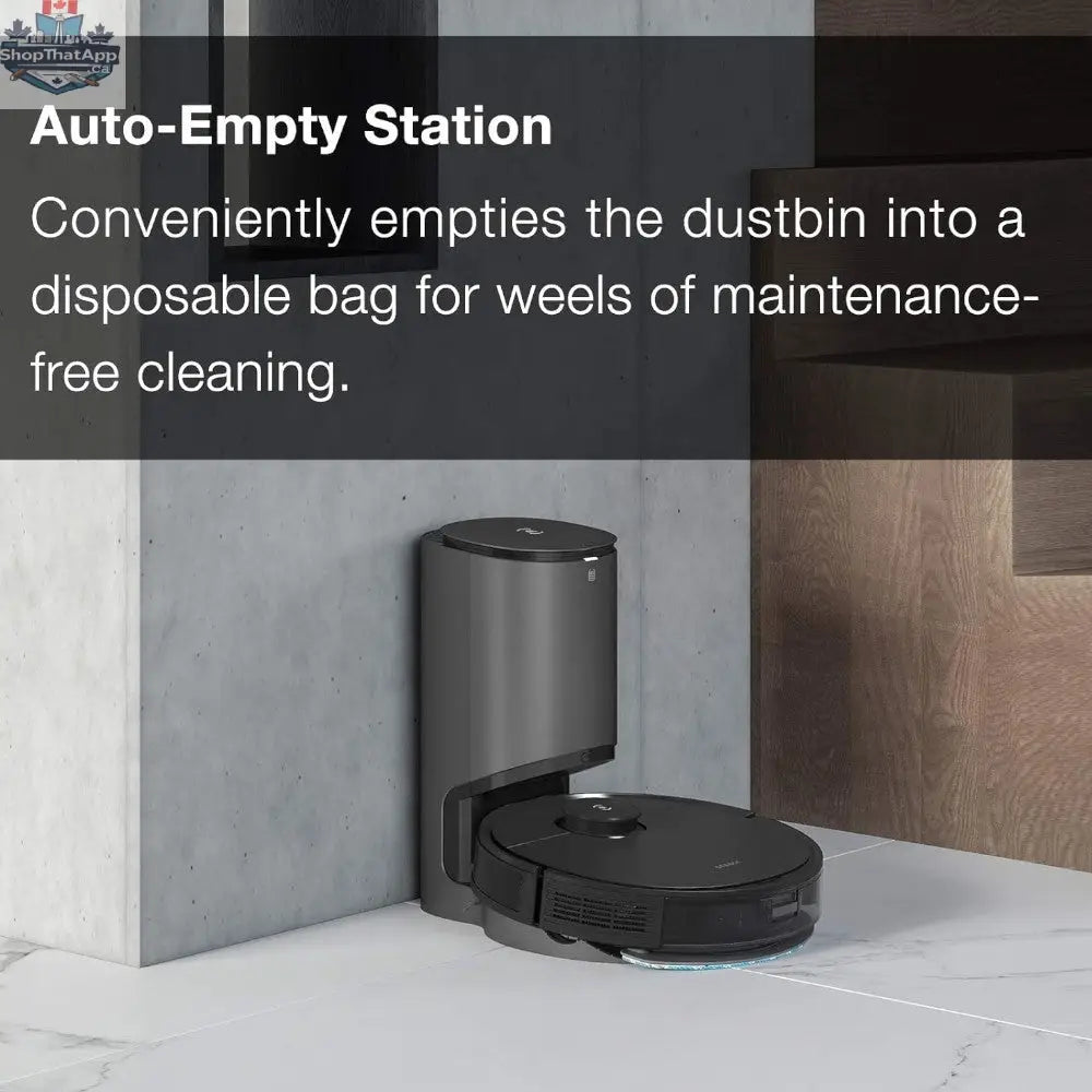 ECOVACS DEEBOT OZMO T8 robot vacuum and mop on hardwood floor, showcasing its sleek design and cleaning features.