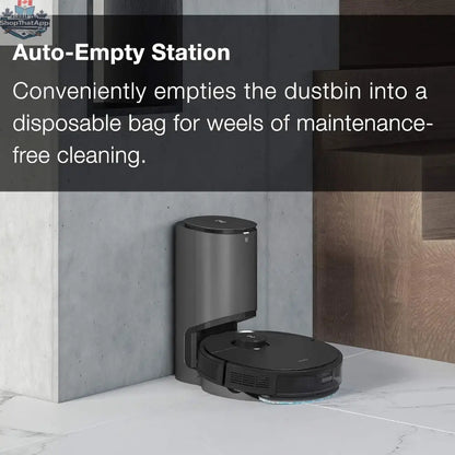 ECOVACS DEEBOT OZMO T8 robot vacuum and mop on hardwood floor, showcasing its sleek design and cleaning features.