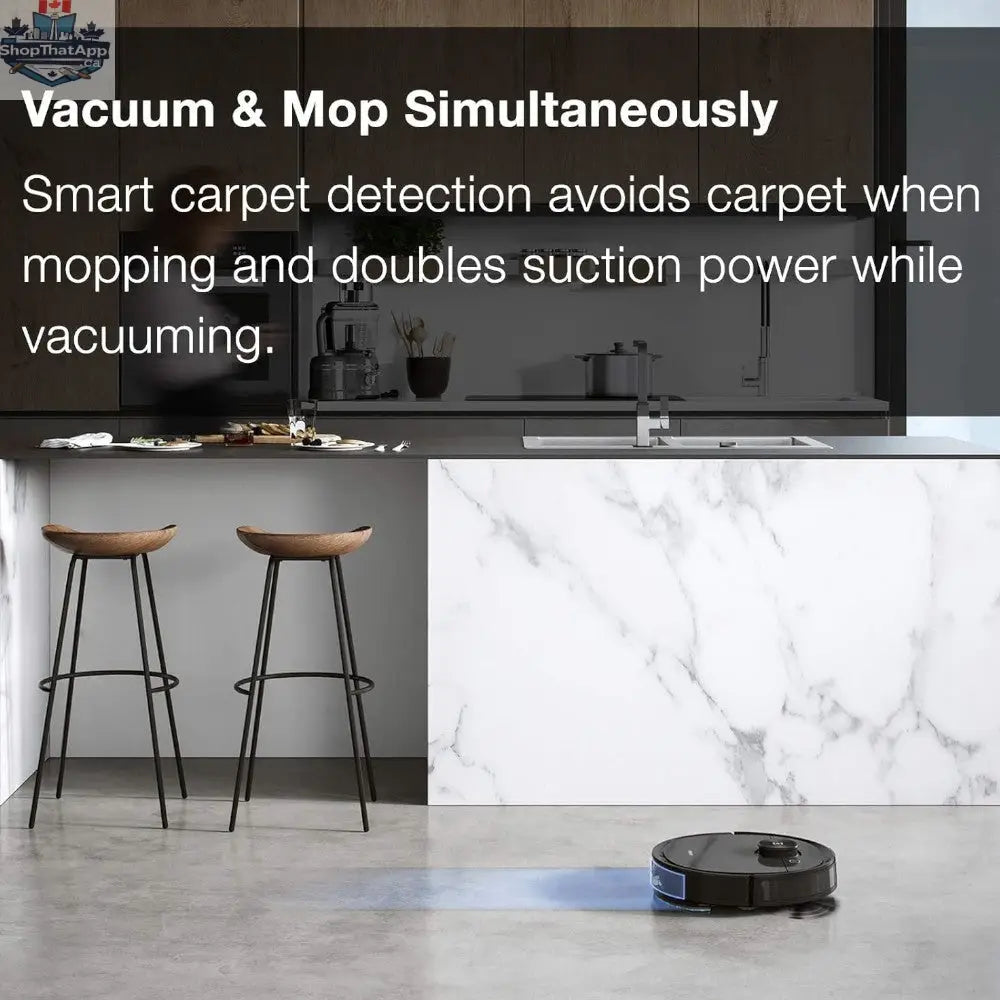 ECOVACS DEEBOT OZMO T8 robot vacuum and mop on a hardwood floor, showcasing its sleek design and cleaning capabilities.