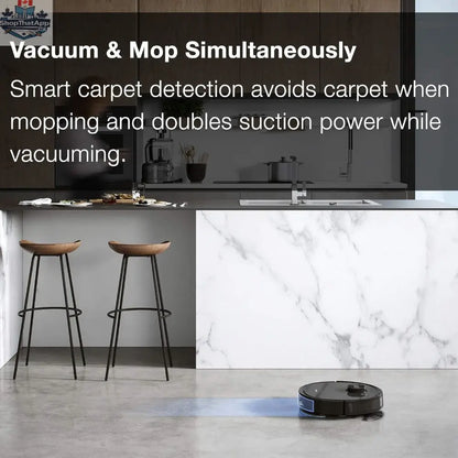 ECOVACS DEEBOT OZMO T8 robot vacuum and mop on a hardwood floor, showcasing its sleek design and cleaning capabilities.