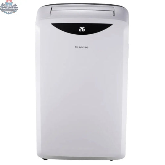 HISENSE portable air conditioner 10,000/13,500 BTU with control panel and vents, shown in a home setting.