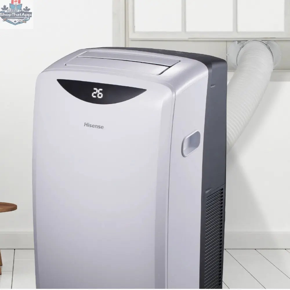 HISENSE portable air conditioner with 10,000/13,500 BTU cooling capacity, shown in a home setting with control panel visible.