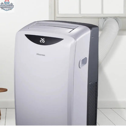 HISENSE portable air conditioner with 10,000/13,500 BTU cooling capacity, shown in a home setting with control panel visible.