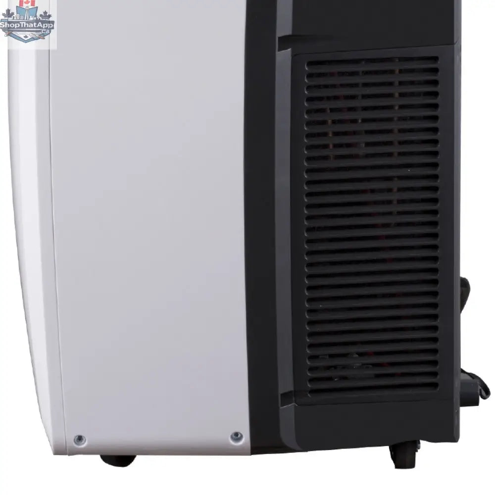 HISENSE portable air conditioner 10,000/13,500 BTU unit with digital controls and venting, shown in a modern living space.