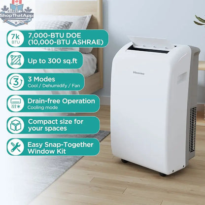 HISENSE portable air conditioner 10,500 BTU with 3-in-1 functionality, white unit for cooling spaces up to 300 sq ft.