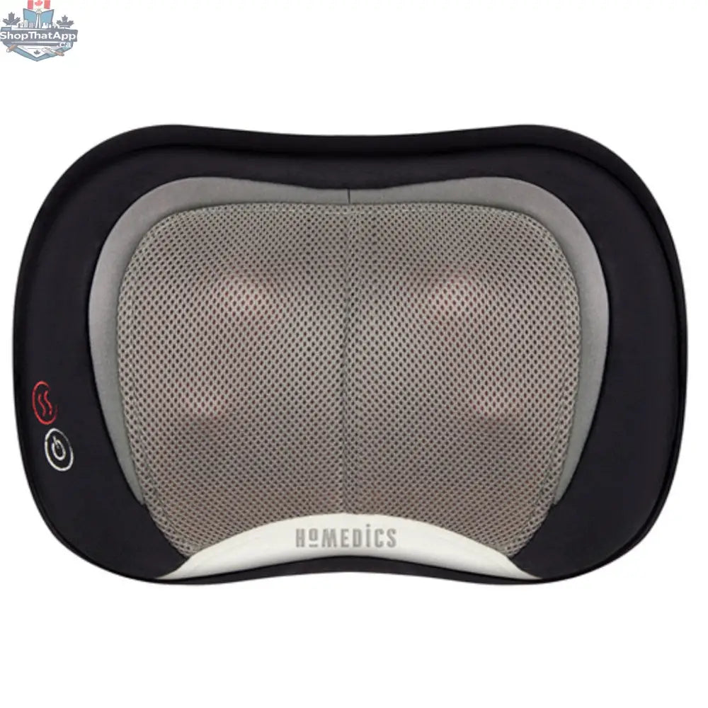 Homedics 3D Shiatsu massage pillow with heat function, showing textured fabric and adjustable straps for neck and back relaxation.