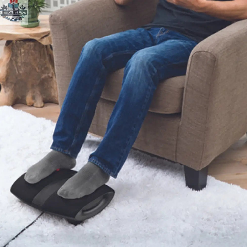 Home Essentials Outlet Homedics shiatsu foot massager with heat, showing the device with foot rollers and control panel.