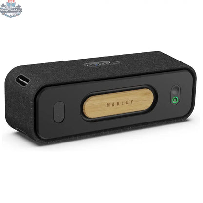 House of Marley Get Together 2 Bluetooth speaker with wood finish and fabric grille, compact portable design, black color.