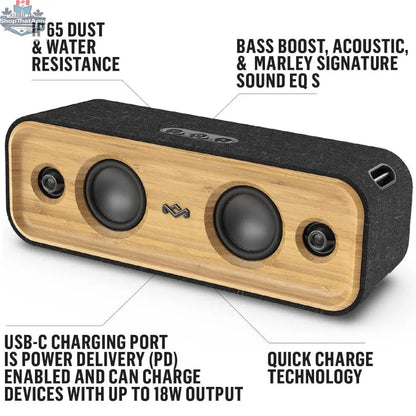 House of Marley Get Together 2 wireless Bluetooth speakers in black, showing the compact design and fabric-covered exterior.