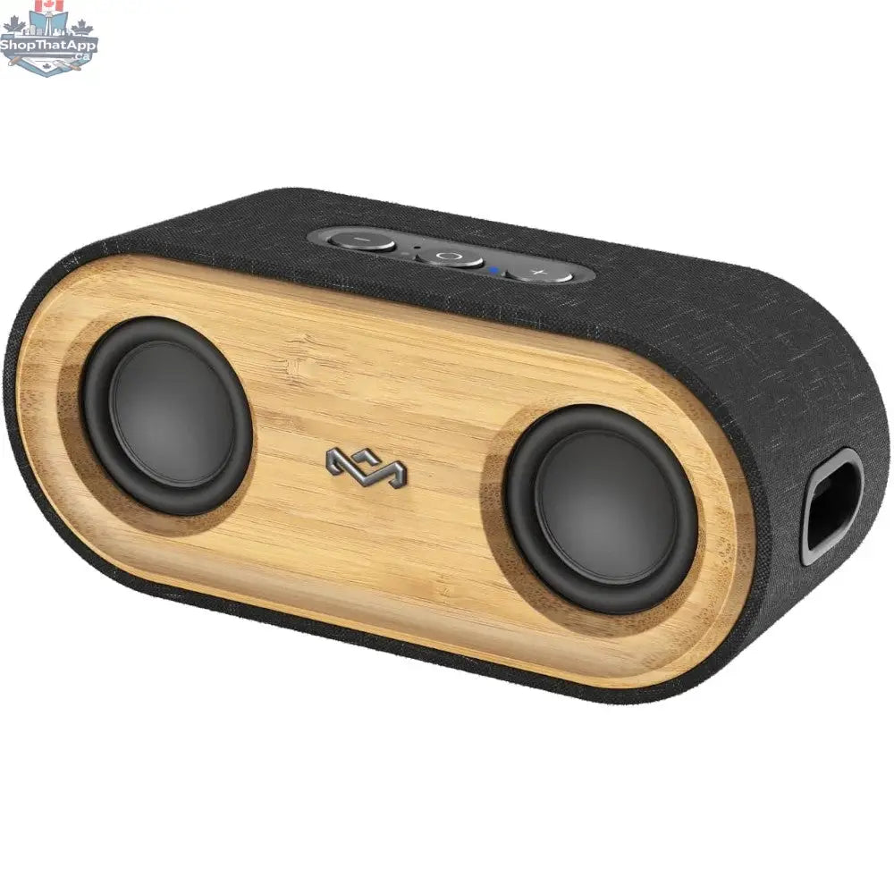 House of Marley Get Together Mini 2 Bluetooth speaker in black, showing the compact design and textured fabric exterior.