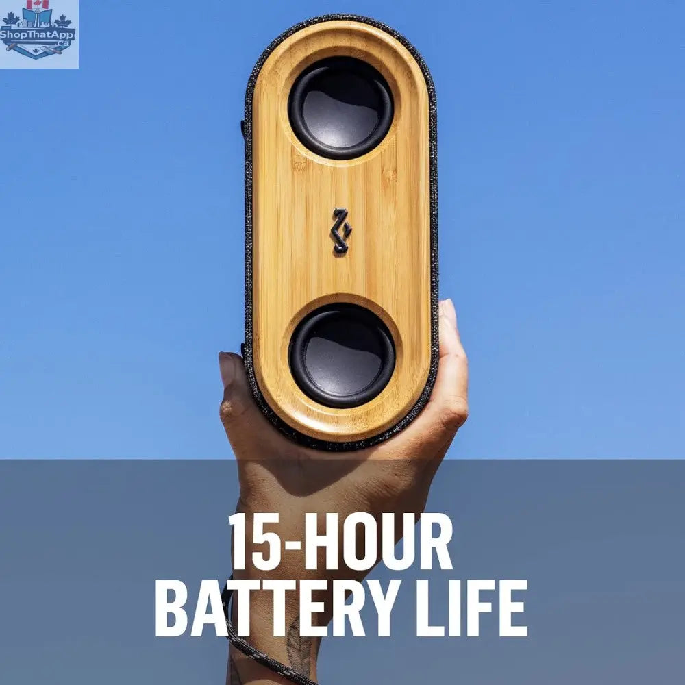 House of Marley Get Together Mini 2 Bluetooth speaker in black, compact design with fabric cover and control buttons visible.
