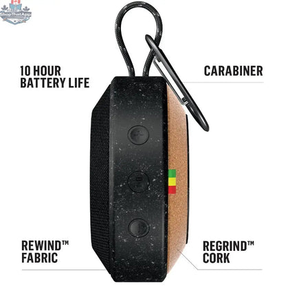 House of Marley No Bounds Bluetooth speaker in black with rugged design and textured surface, shown with attached carrying strap.