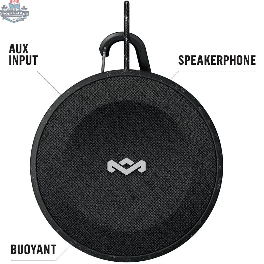 House of Marley No Bounds portable Bluetooth speaker in black with textured fabric exterior and control buttons visible.